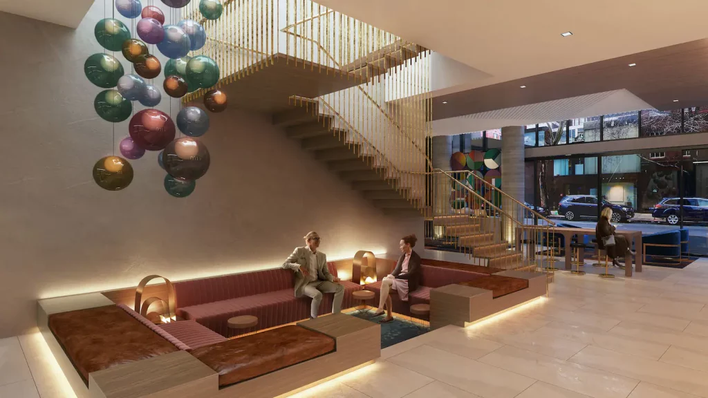 lobby of Motto with conversation pit and hanging art