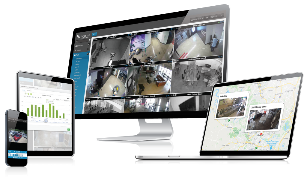 surveillance solution with Dashboard and camera images shown on various devices
