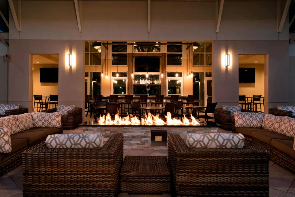 firepit and seating area at hotel