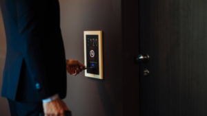 business traveler getting access to hotel room
