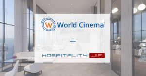 World Cinema and Hospitality WiFi logos over background of hotel room