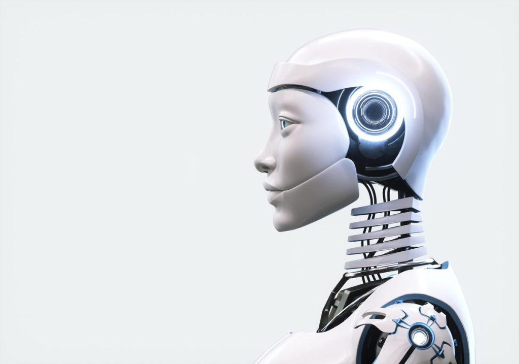 side profile, head and shoulders of human-looking robot