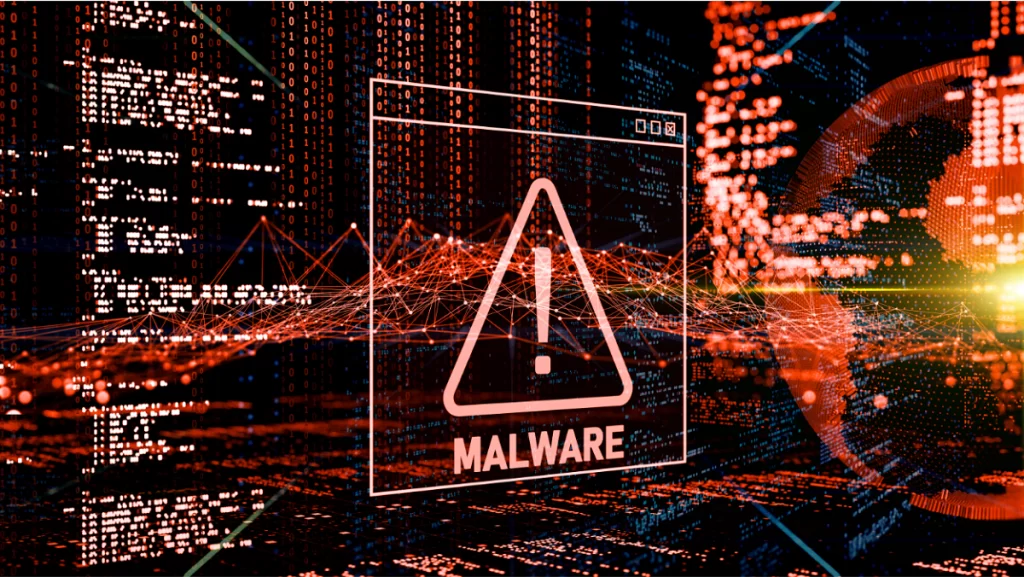 technology risk management: warning icon with the word "malware" in front of a red-tinged background of blurred digital content and network lines