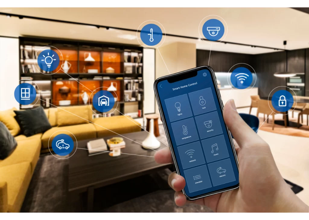 human hand holding mobile phone with smart home control app- surrounding that are icons suggesting various features that can be controlled, such as windows, lighting, WiFi, and security- the background is an image of the living room and dining room area of a home