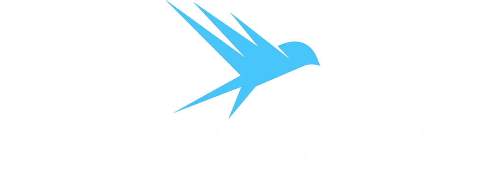 WorldVue logo with word in white and bird in light blue on transparent background
