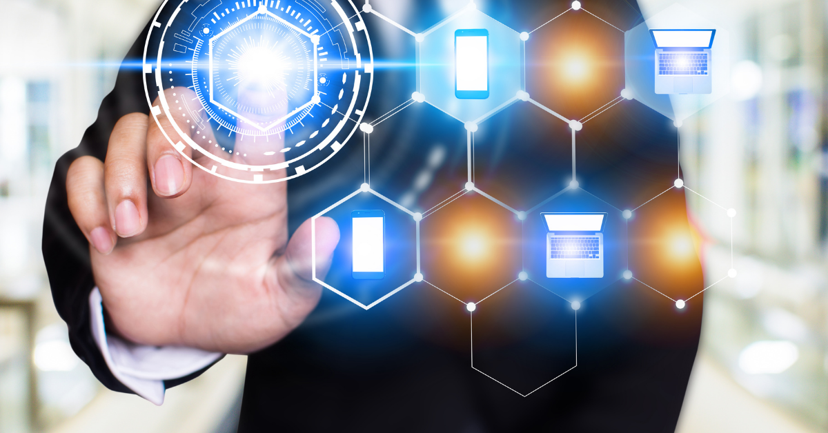 hand selecting icon on transparent screen between person and viewer