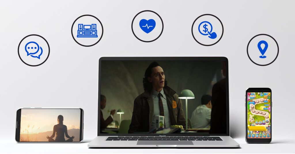 examples showing different content such as entertainment, apps, and games on various BYOD devices including laptop, tablet, and phone, with icons above them representing things you can do with BYOD (communication, entertainment, payments, and more)