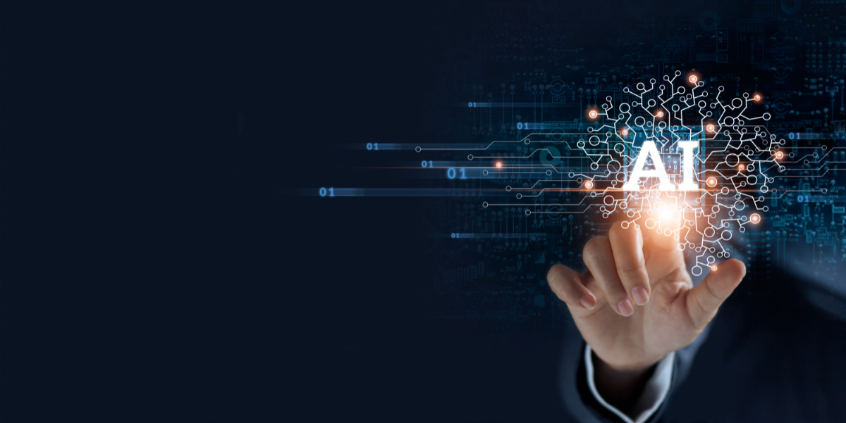 graphic representing AI and machine learning for network assurance, with hand touching a cluster of data points representing the brain of AI