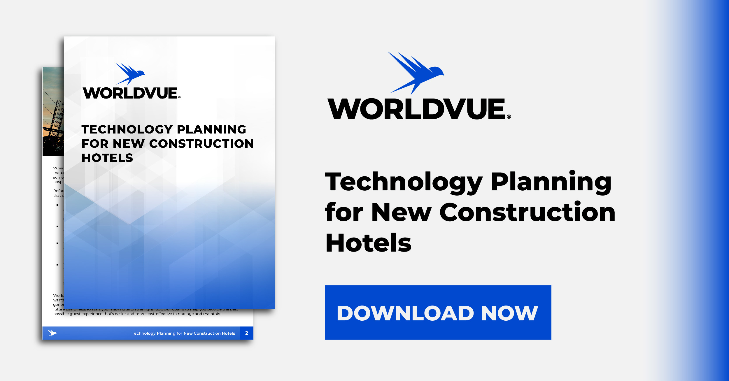 image of white paper with WorldVue logo and the text "technology planning for new construction hotels"