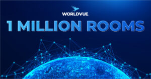 graphic suggesting global networking, with WorldVue logo and "1 Million Rooms"