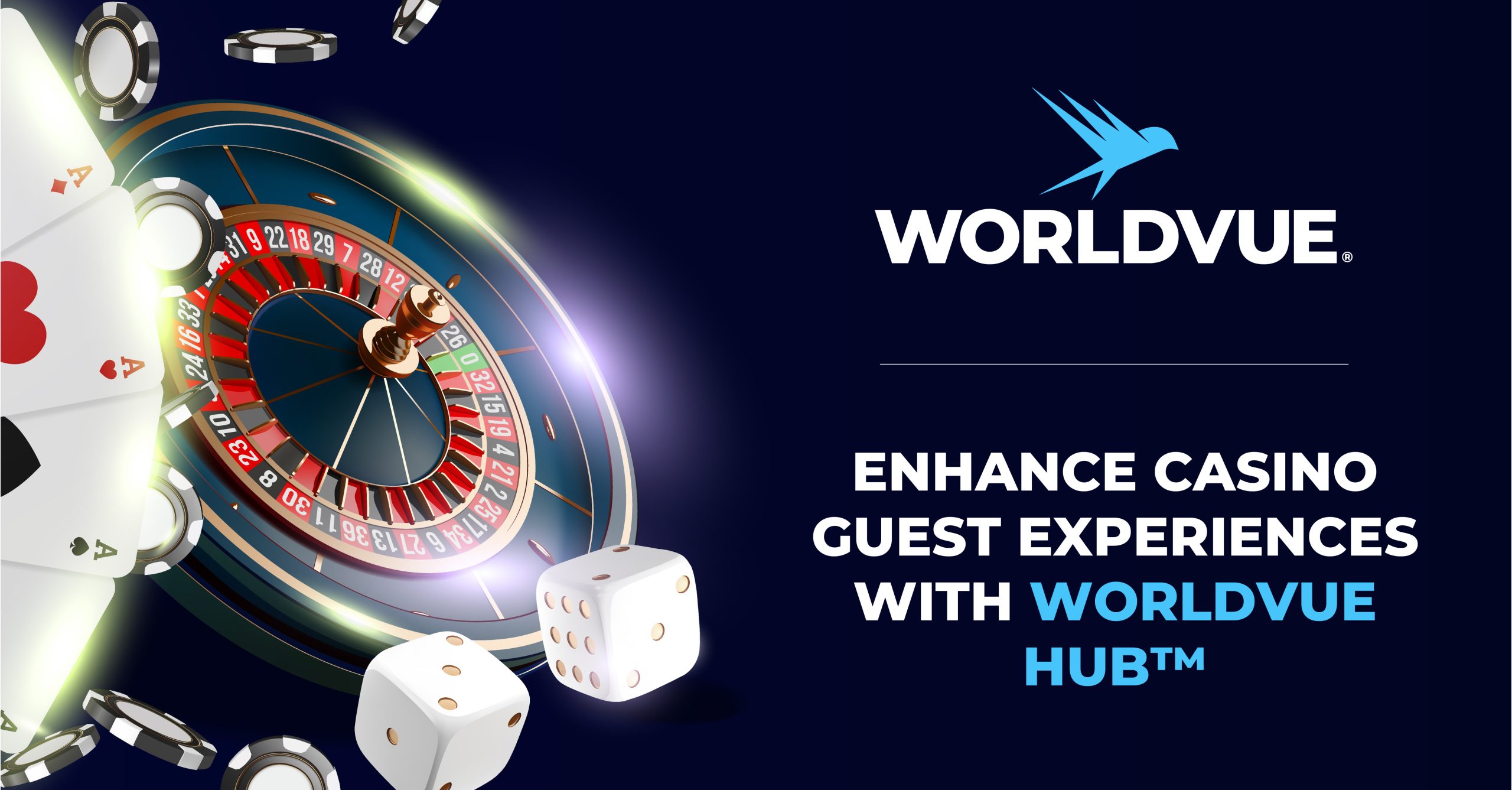 image of casino gaming with WorldVue logo and text saying "Enhance Casino Guest Experiences with WorldVue HUB"