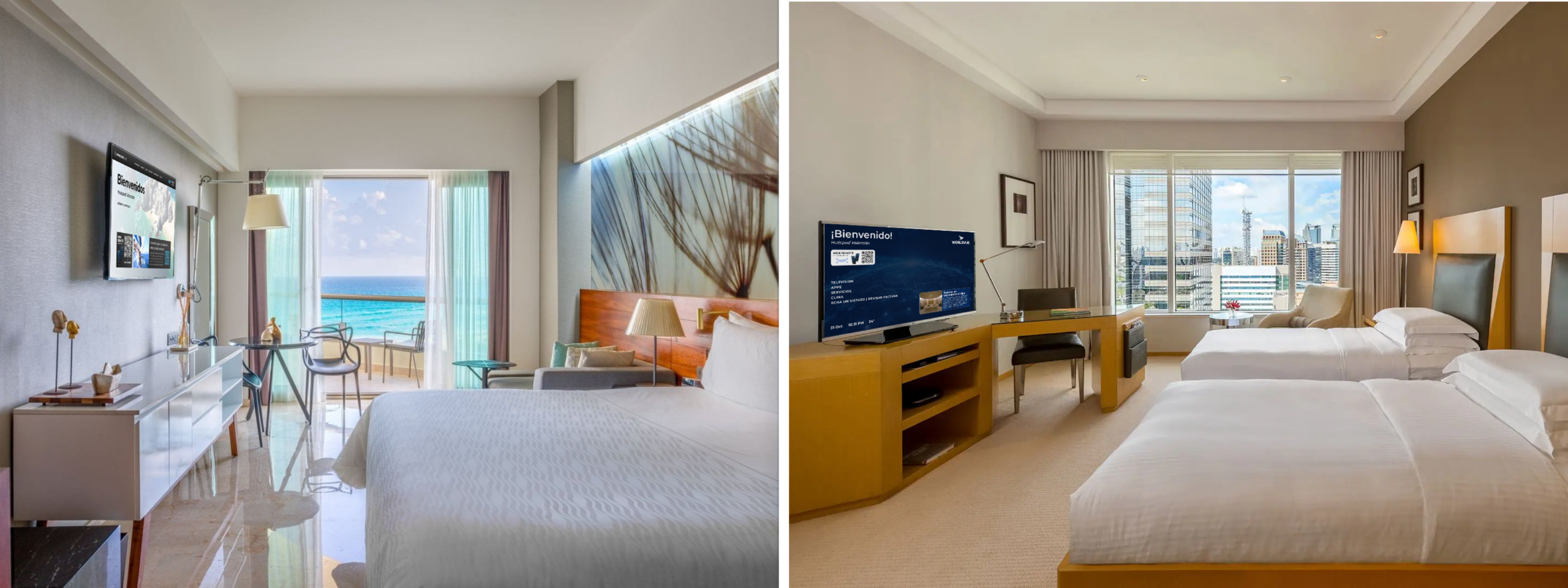 examples of the WorldVue HUB in use in a city hotel room and in a resort
