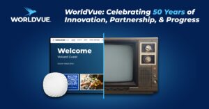 WorldVue logo and text saying "WorldVue: Celebrating 50 Years of Innovation, Partnership, and Progress" with images of the WorldVue HUB next to older TV technology