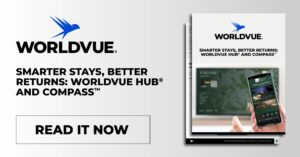 offer to download a white paper titled "Smarter Stays, Better Returns: WorldVue HUB and Compass" with the WorldVue logo