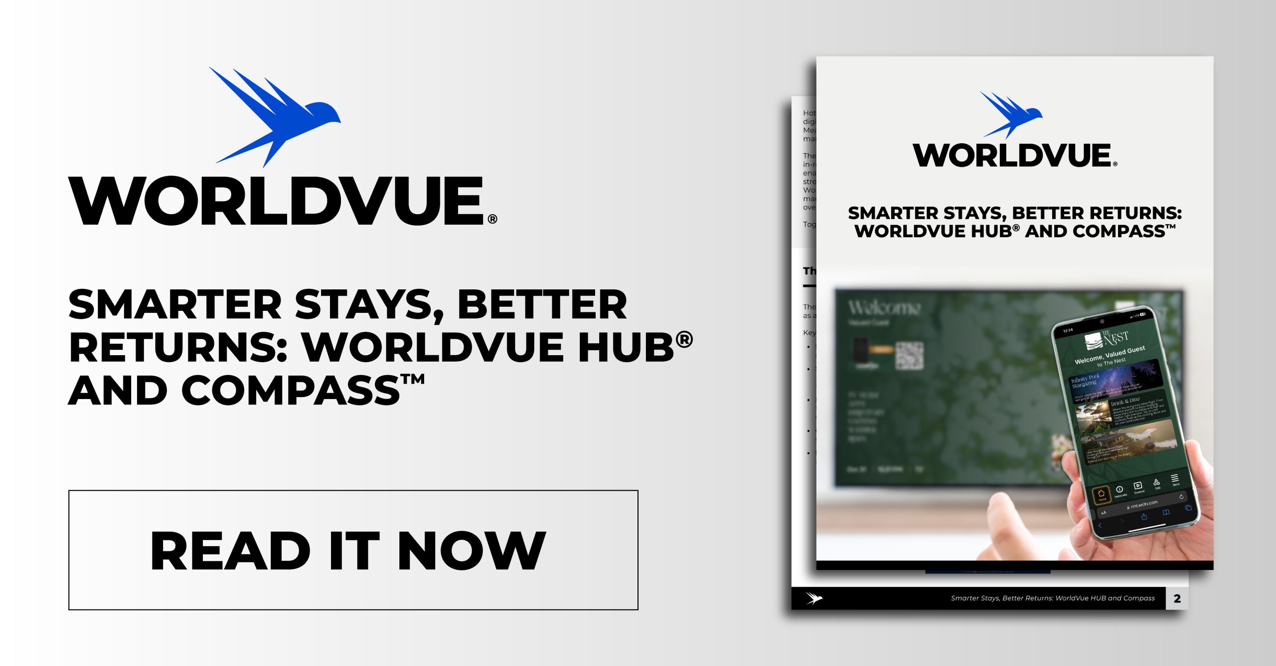 offer to download a white paper titled "Smarter Stays, Better Returns: WorldVue HUB and Compass" with the WorldVue logo