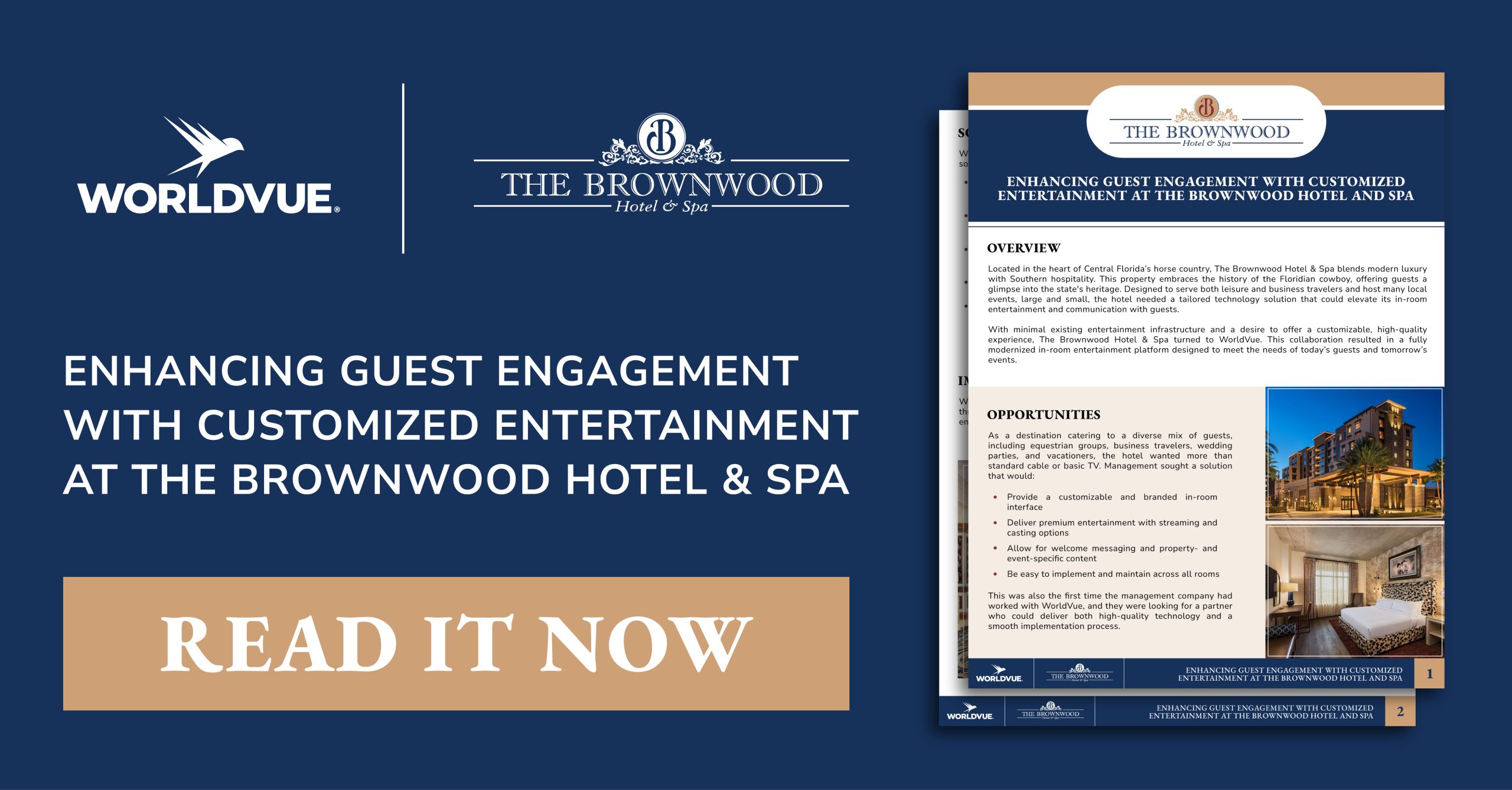 promo graphic for WorldVue case study "Enhancing Guest Engagement with Customized Entertainment at The Brownwood Hotel & Spa"