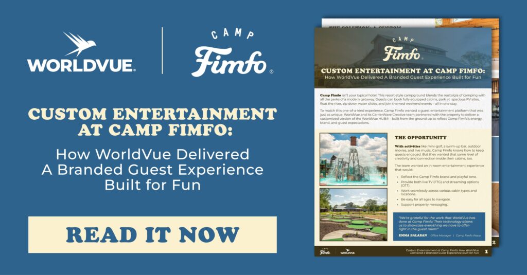 promo graphic for WorldVue case study "Custom Entertainment at Camp Fimfo: How WorldVue Delivered a Branded Guest Experience Built for Fun"