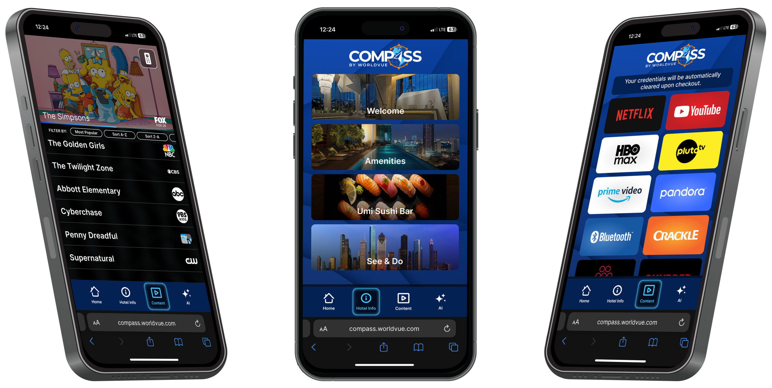 examples of the Compass by WorldVue app in use on a mobile phone
