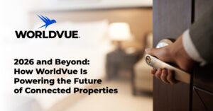 promo graphic for article titled "2026 and Beyond: How WorldVue Is Powering the Future of Connected Properties" with the WorldVue logo and title over an image of someone entering a hotel room