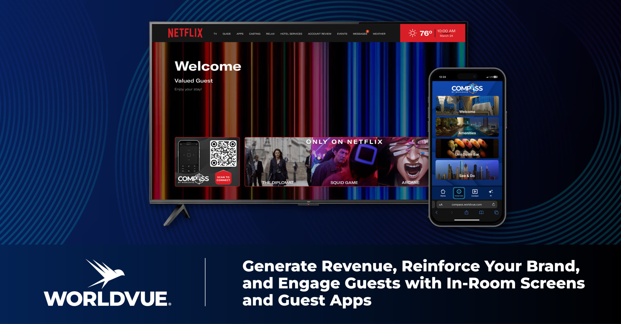 promo graphic for the blog entitled "Generate Revenue, Reinforce Your Brand, and Engage Guests with In-Room Screens and Guest Apps", with an example of WorldVue HUB and the WorldVue logo