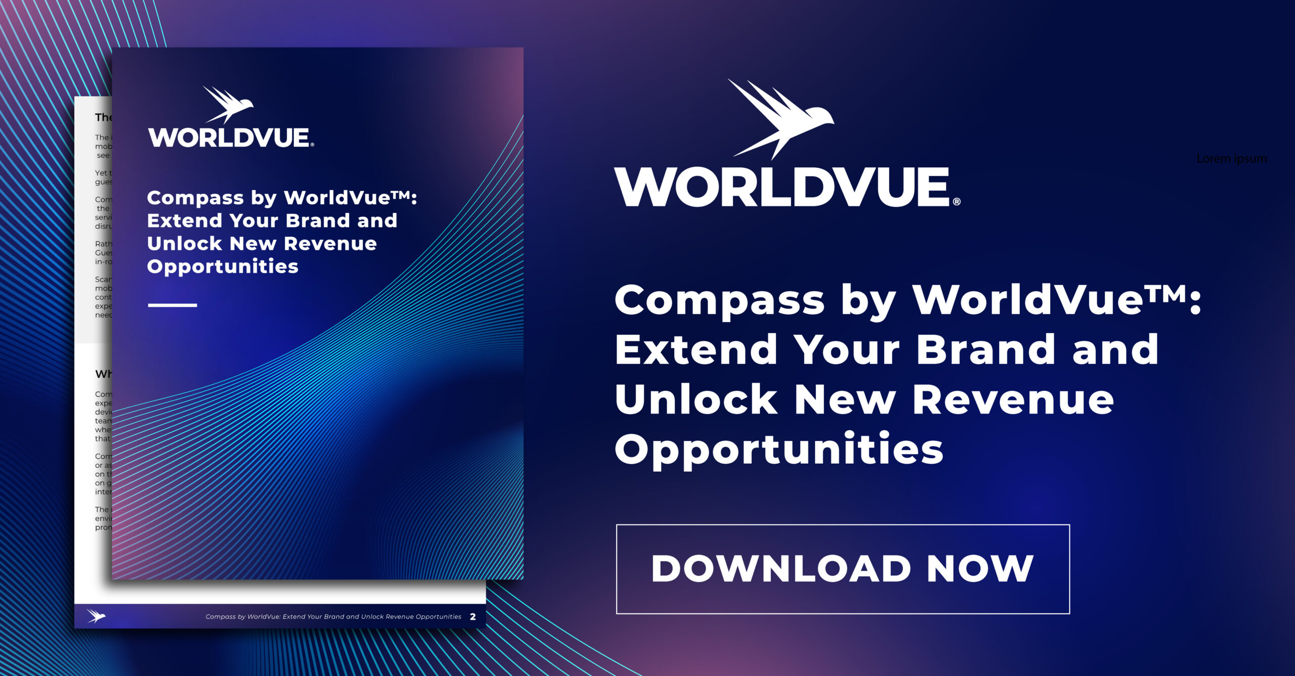 promo graphic for downloading the white paper titled "Compass by WorldVue™: Extend Your Brand and Unlock New Revenue Opportunities"