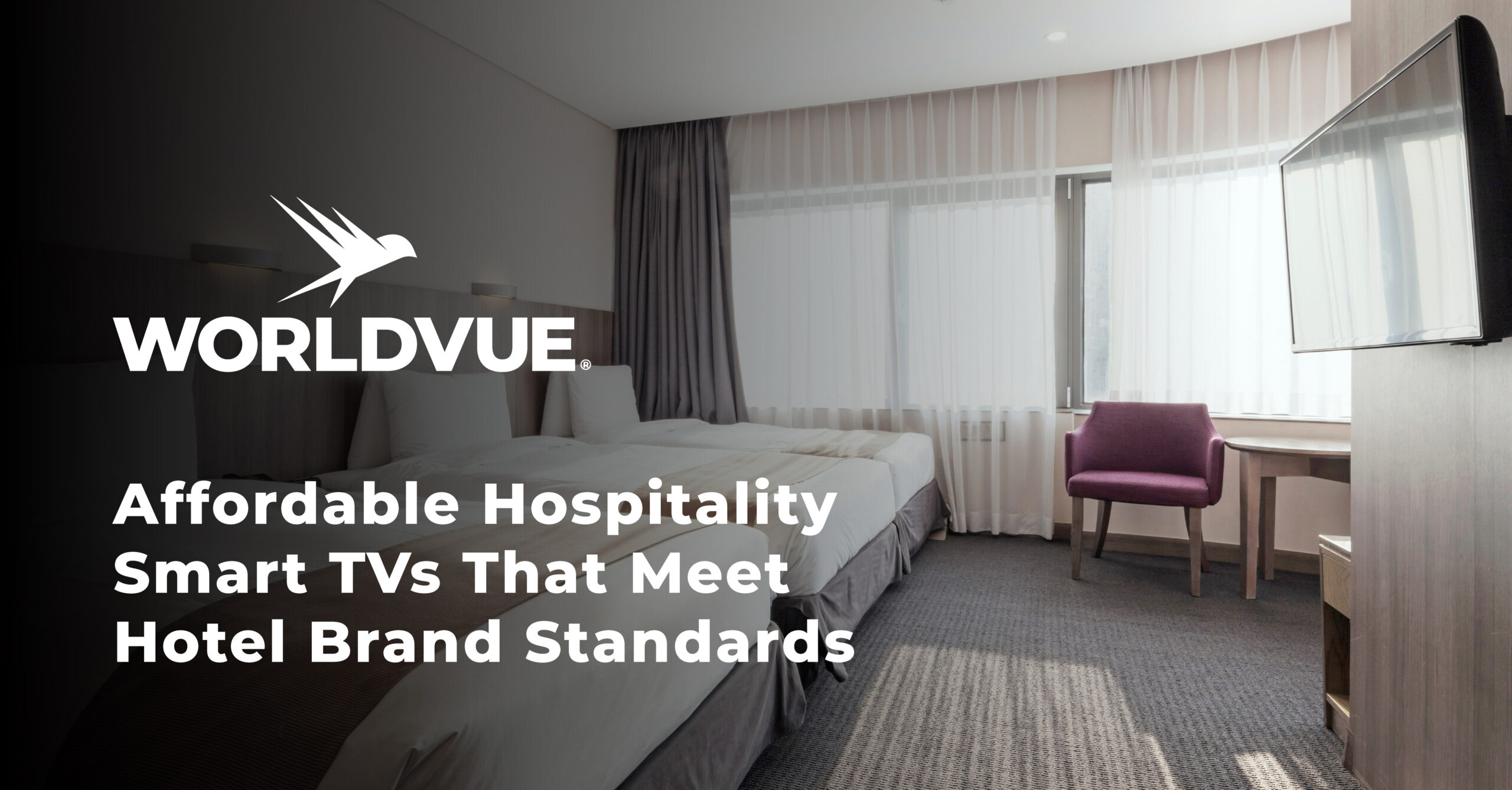 promotional graphic for the blog post titled "Affordable Hospitality Smart TVs That Meet Hotel Brand Standards" about the LG UK660H hospitality smart TVs, showing the WorldVue logo and a hotel room with a TV mounted on the wall