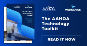 promo graphic for downloading the WorldVue white paper titled "The AAHOA Technology Toolkit"