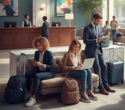 illustration of guests using various Wi-Fi connected devices in a busy hotel lobby