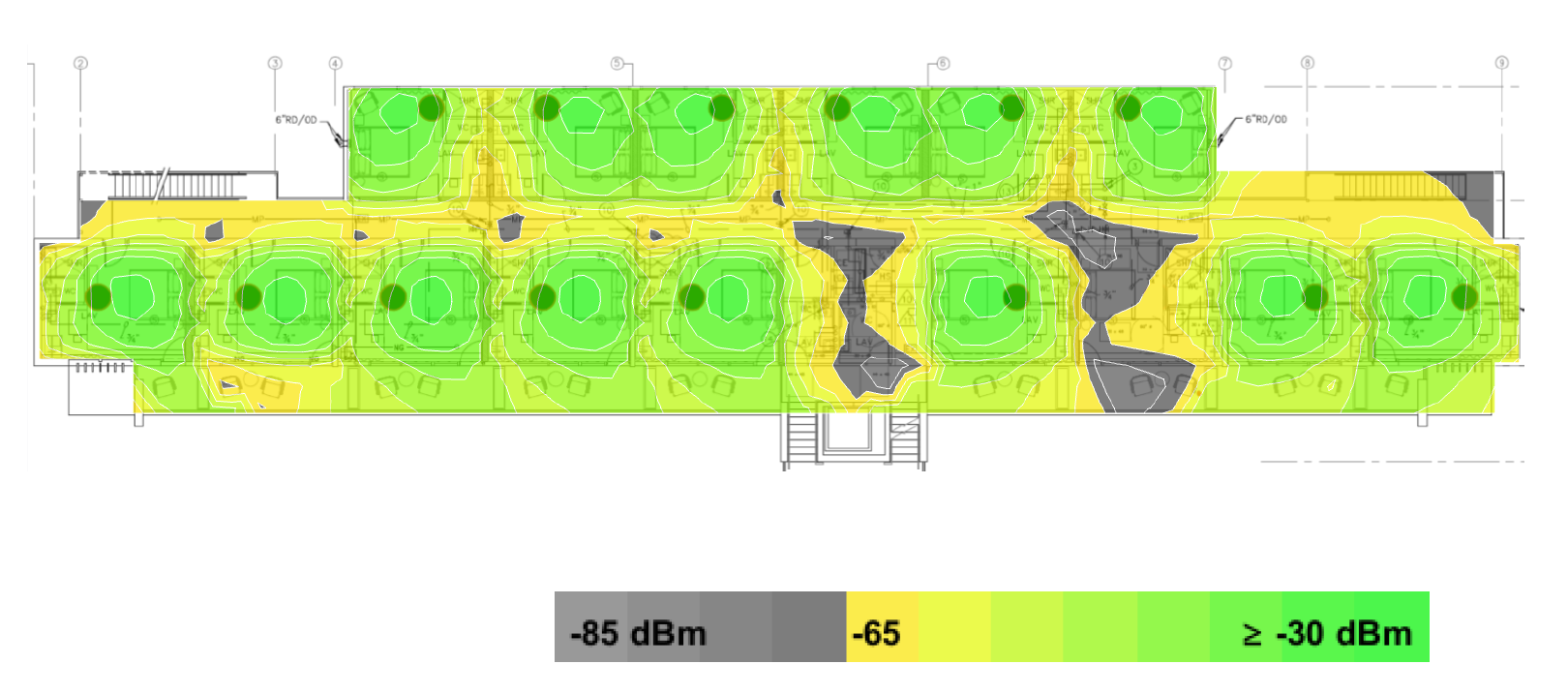 heatmap example 6- larger rooms with concrete walls and AP in every room but one removed