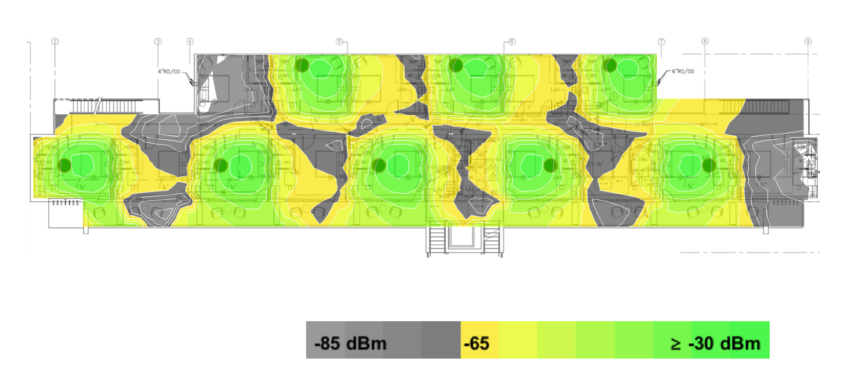 heatmap example 7- larger rooms with concrete walls and AP in every other room