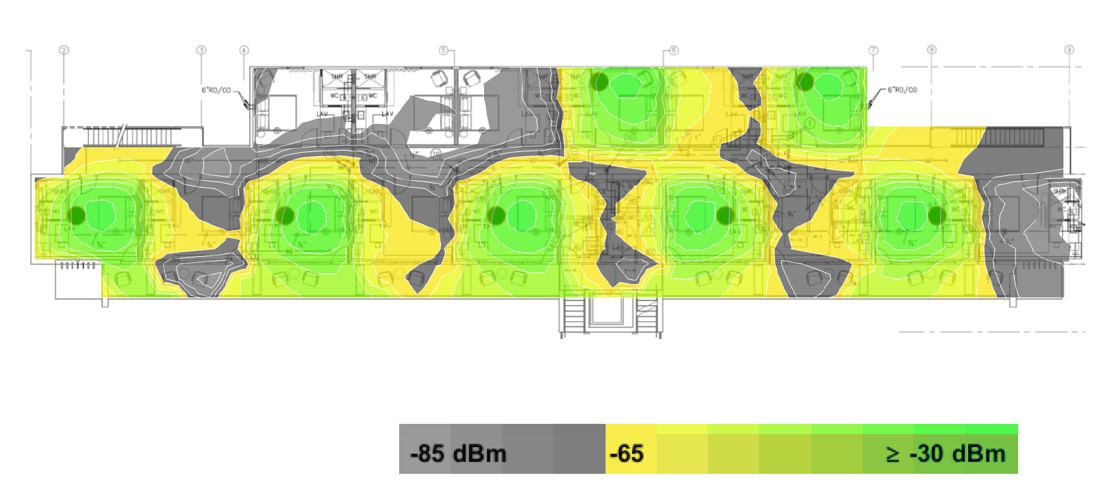 heatmap example 8- larger rooms with concrete walls and AP in every other room but one removed