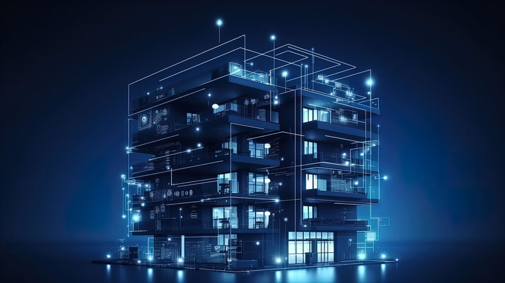 Smart hotel building with access controls and technology