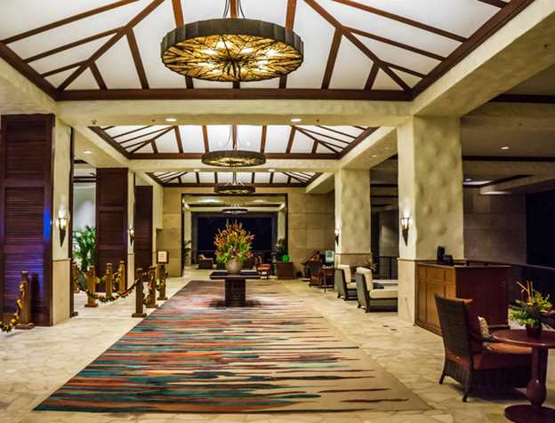 The image shows the lobby of a luxury hotel. The design is beautiful, but planning for guest-facing technology in this property is just as important.
