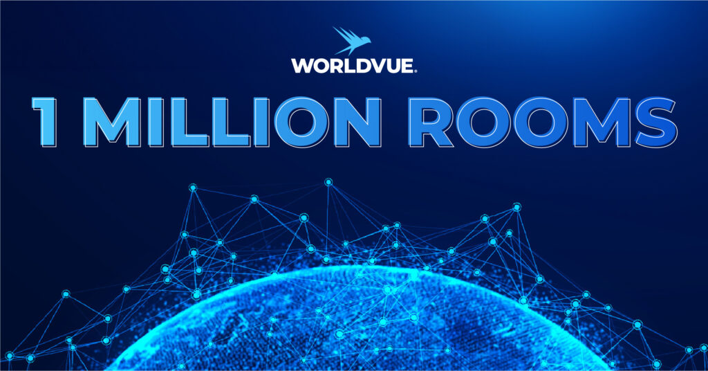 graphic suggesting global networking, with WorldVue logo and "1 Million Rooms"