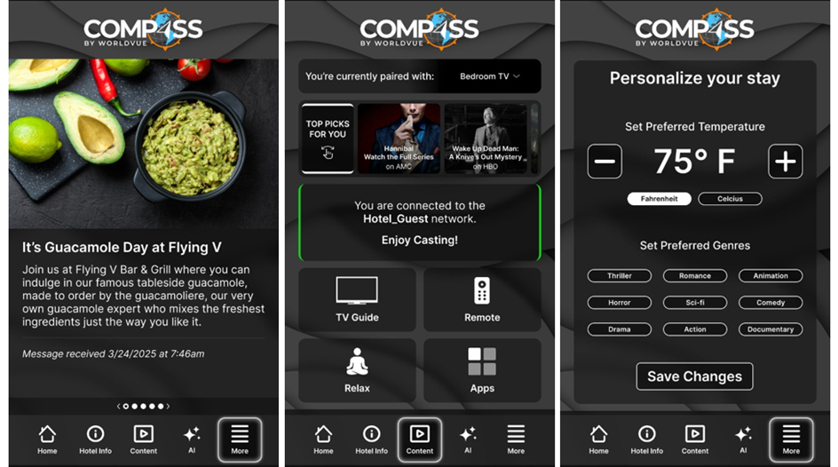 examples of screens from the Compass by WorldVue app