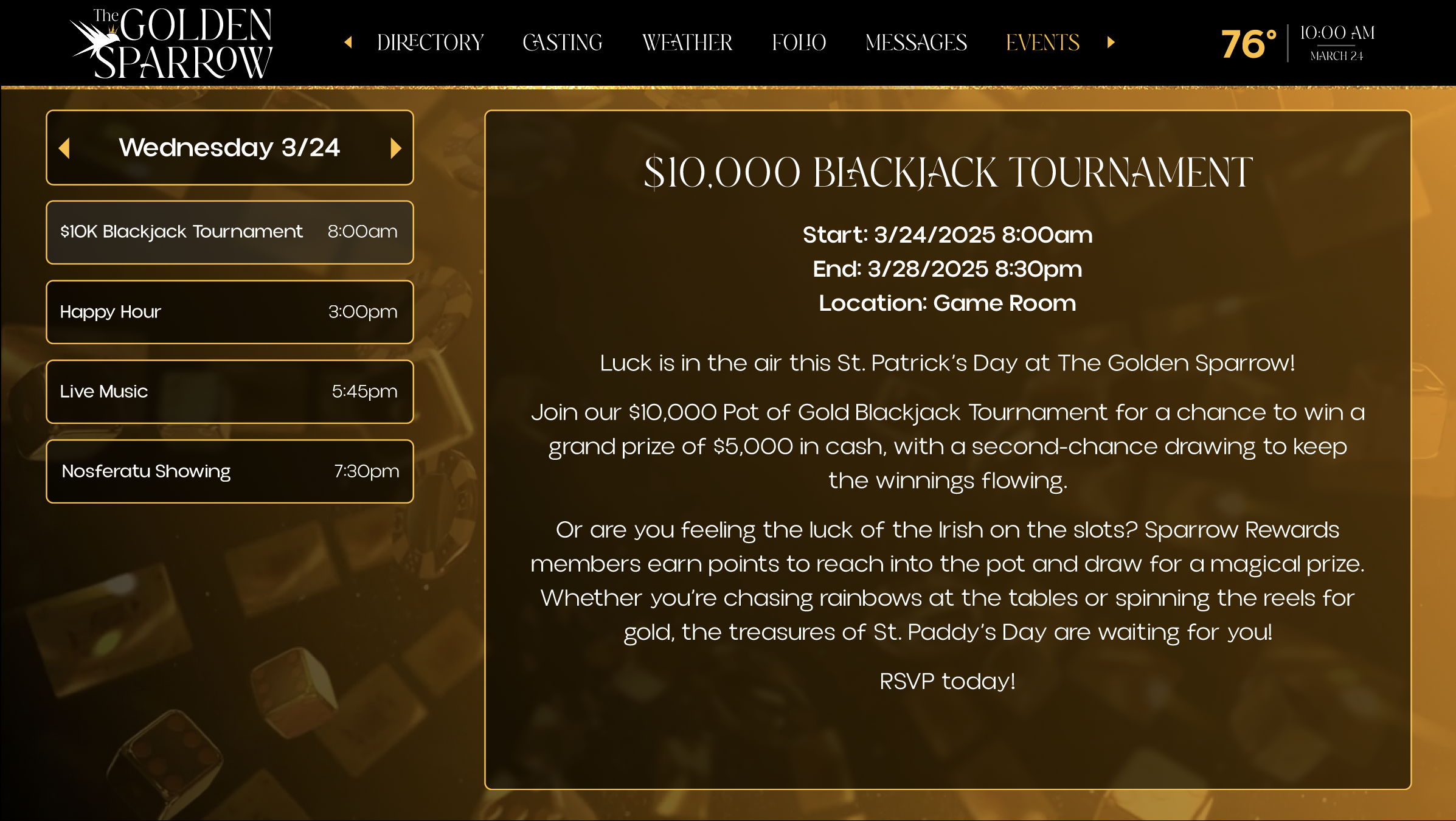 WorldVue HUB for casinos showing example of event calendar