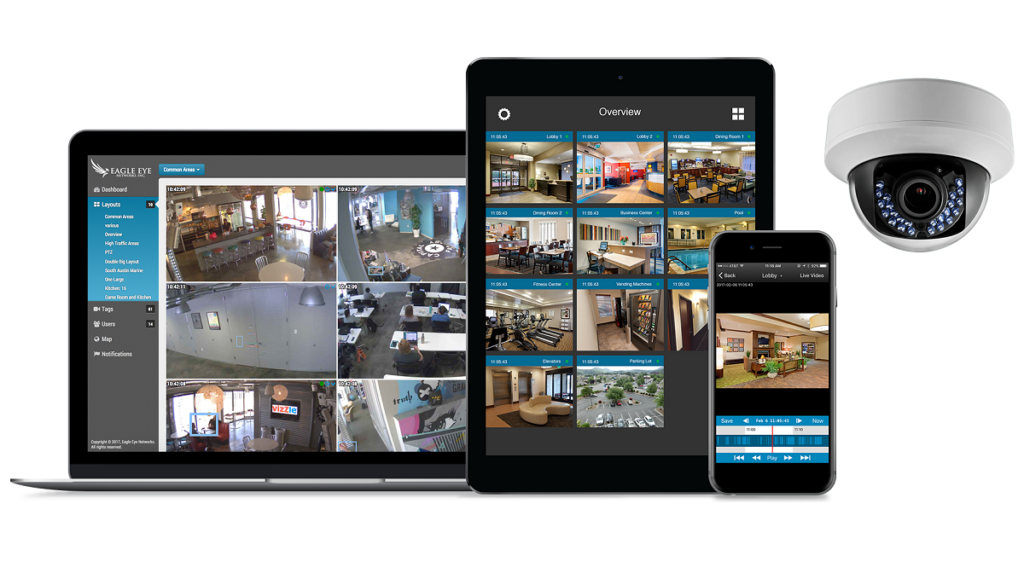 surveillance solution with dome camera and dashboard shown on multiple devices