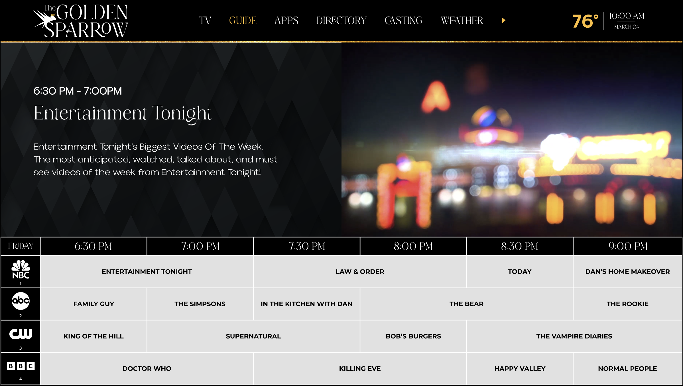 WorldVue HUB for casinos showing example of on-screen guide for in-room entertainment