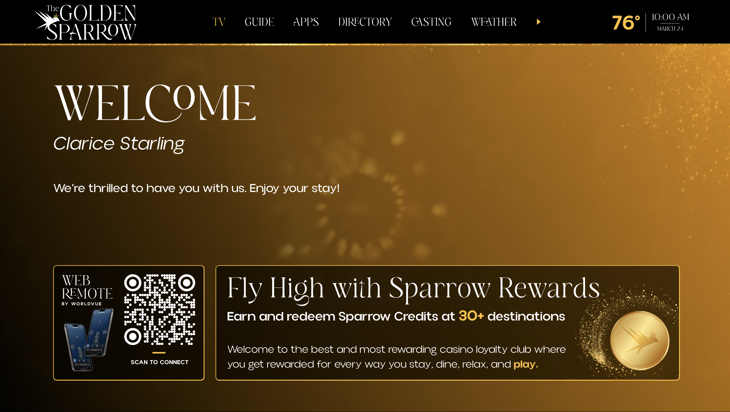 WorldVue HUB for casinos showing example of welcome screen