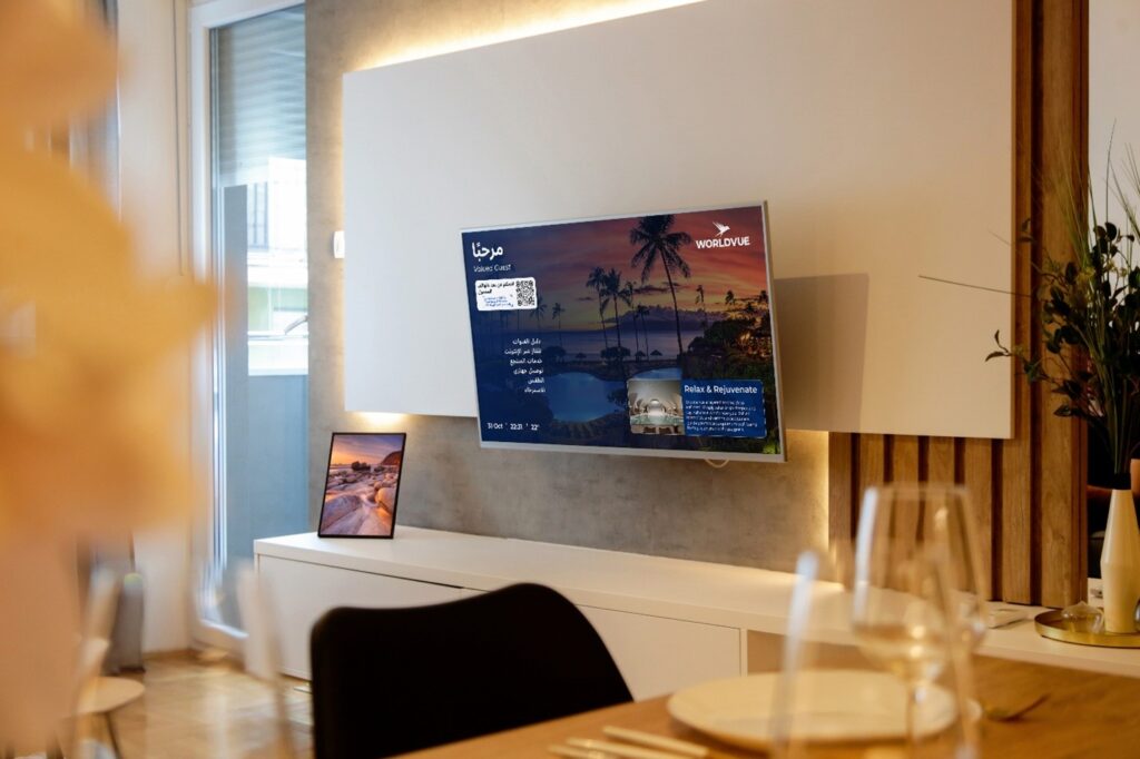 example Welcome screen of WorldVue HUB in Arabic, in a Middle East hotel room