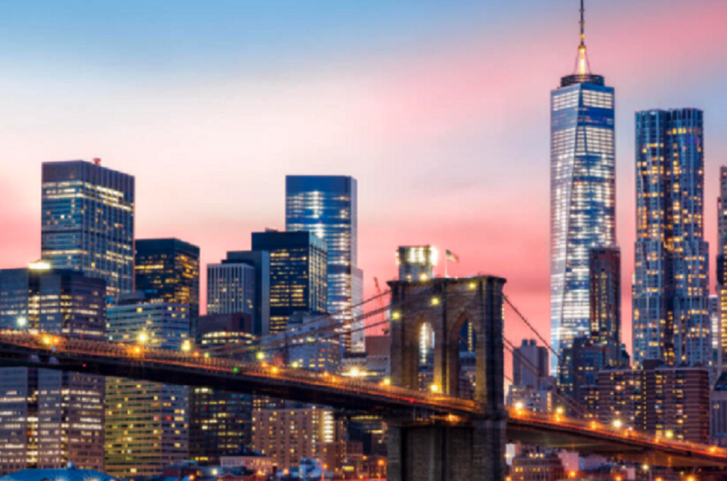 New York City skyline at sunset