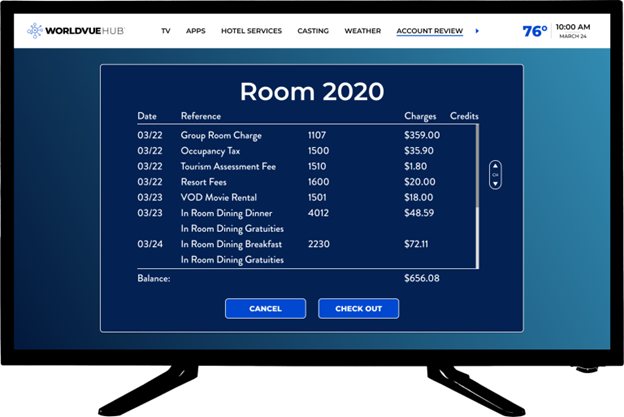 technology can help alleviate staff shortages- WorldVue HUB interface showing Room Folio and check-out