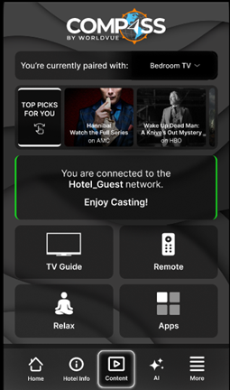 phone connected to casting on WorldVue Compass app
