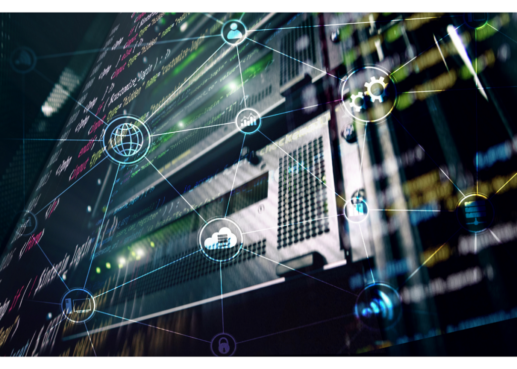 networking equipment overlaid with icons showing various types of digital communication