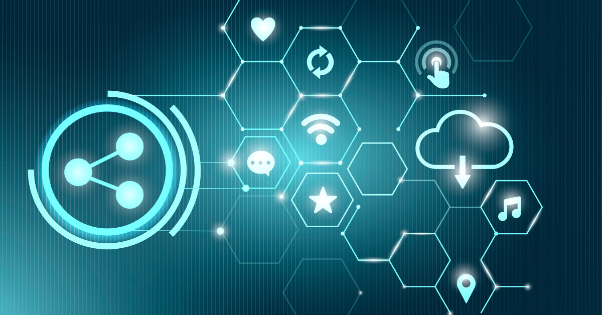 icons suggesting digital transformation with wireless, texting, music, and more