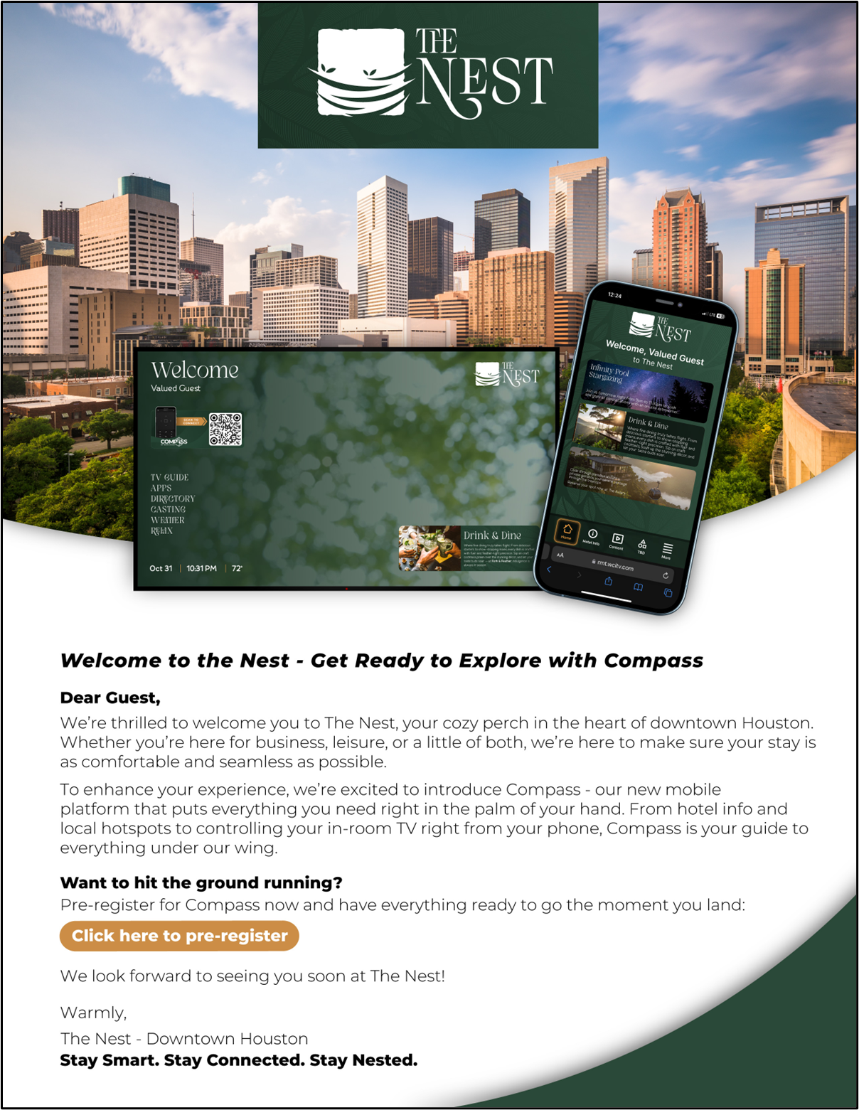 example of hotel to guest welcome email for WorldVue Compass app