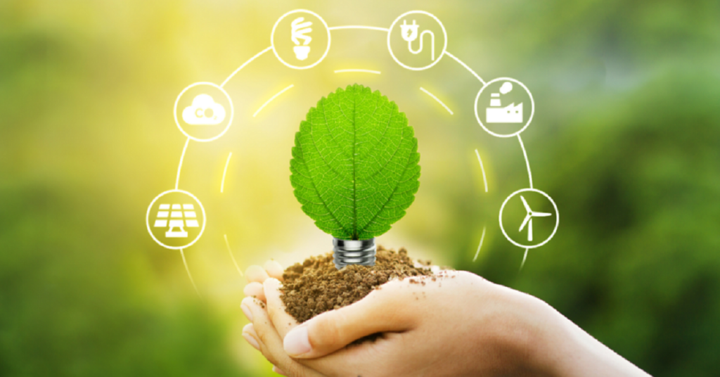 leaf surrounded by icons representing sustainability technology