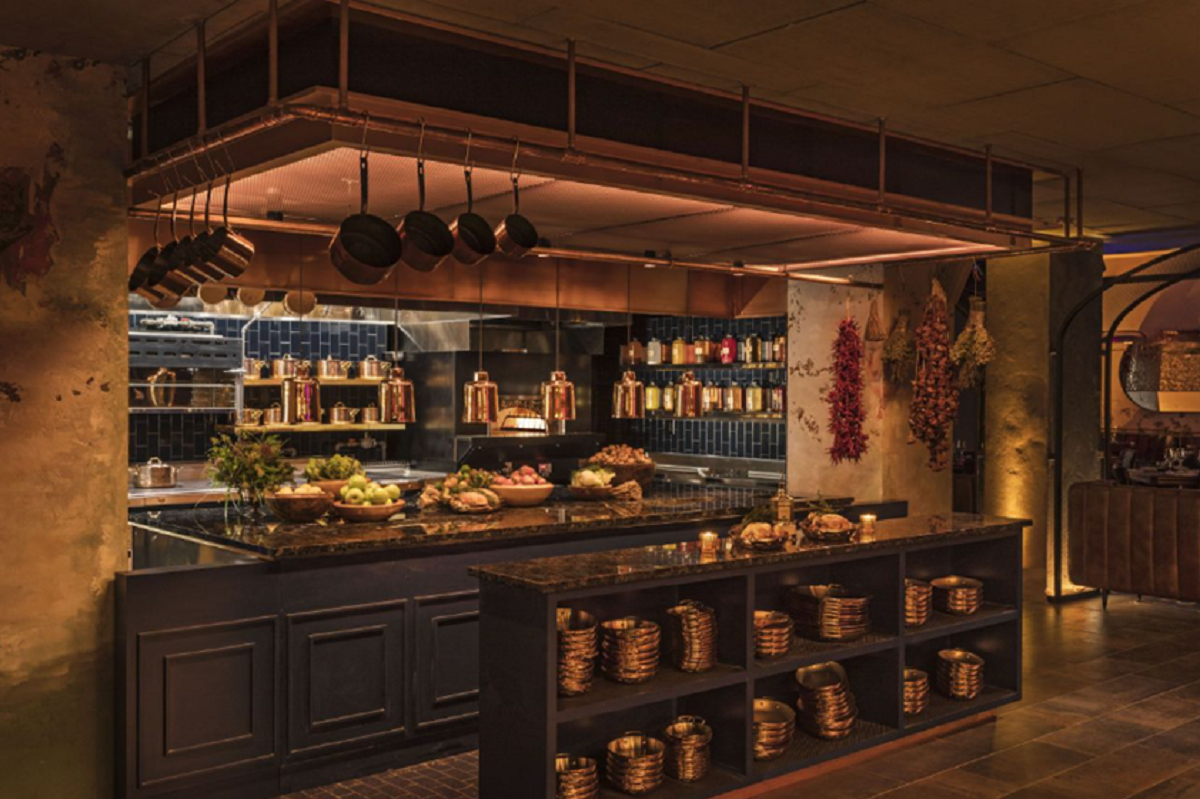 interior of restaurant with large kitchen