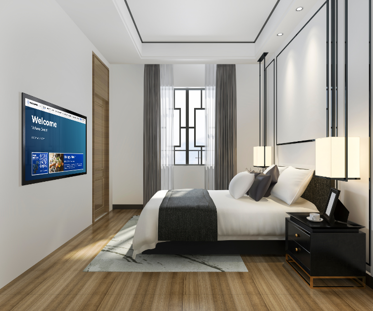 a hotel guest room with a TV screen displaying the WorldVue HUB welcome screen