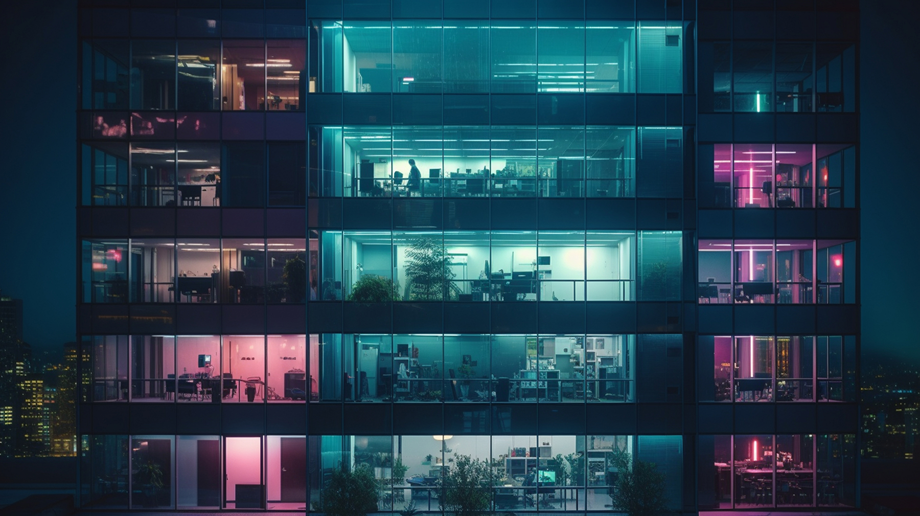 cutaway of high-tech office or apartment building with technology
